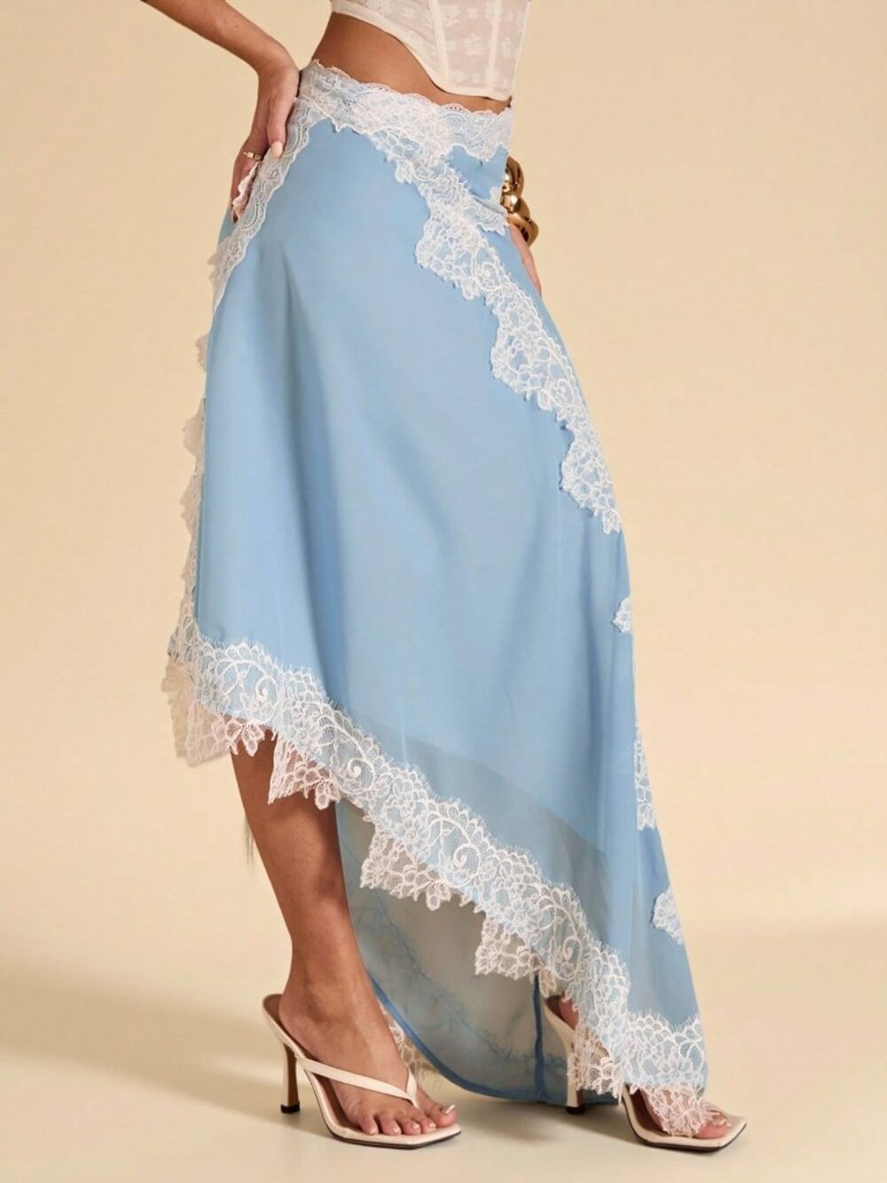 Baby Blue Elegant Women's Lace Trim Chiffon Skirt - Picture 7 of 8